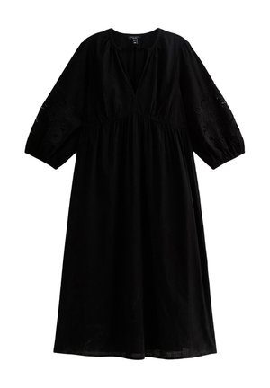 Black dress with a v-neck, gathered waist, and three-quarter sleeves featuring embroidered floral details on the cuffs. Soft fabric texture.