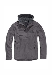 Mörkgrå huva jacka med framzipficka, två sidofickor med dragkedja och fleecefoder inuti huvan och kragen.