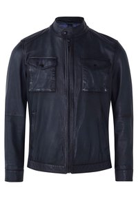 Veste en cuir bleu marine foncé avec fermeture éclair à l'avant, deux poches poitrine à rabat boutonné, poches latérales zippées et col montant avec bouton-pression.