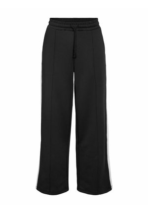 Pantaloni de trening negri, cu picioare largi, cu talie elastică, șnur și dungi laterale albe în contrast. Realizați dintr-un material neted și elastic.