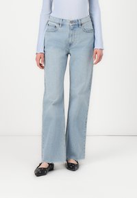 Light blue wide-leg jeans with a high waist, featuring classic five-pocket design and subtle fading. Paired with black shoes.