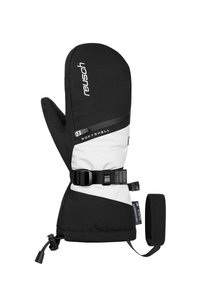 Black and white softshell mittens with a secure strap, a zipper pocket, textured fabric, and reinforced stitching for durability.