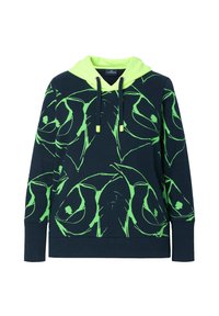 Marineblauwe hoodie met neon groene abstracte patroon, gemaakt van een katoenmix, met een trekkoordcapuchon en ribgebreide manchetten.