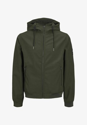 Olivgrön jacka med zip fram, justerbar huva och två sidofickor med dragkedja; har ett strukturerat tyg och ribbade ärmslut.
