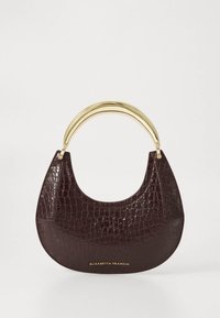 Bordó krokodilbőr mintázatú kézitáska ívelt arany fogantyúval és sima felülettel. Finom márkajelzés a táska alján.