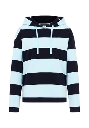 Kapuzenpullover mit breiten horizontalen hellblauen und schwarzen Streifen und Kordeln an der Kapuze.