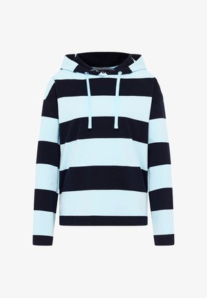 Kapuzenpullover mit breiten horizontalen hellblauen und schwarzen Streifen und Kordeln an der Kapuze.