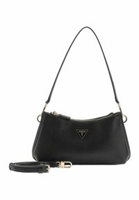 Sac à main noir Guess avec logo triangulaire, bandoulière amovible et réglable, et une seule anse d'épaule, doté d'un compartiment principal zippé.