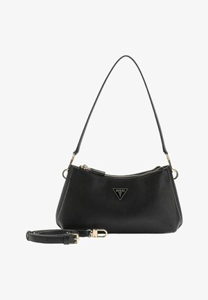 Sac à main noir Guess avec logo triangulaire, bandoulière amovible et réglable, et une seule anse d'épaule, doté d'un compartiment principal zippé.
