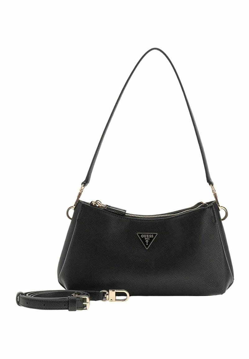 Sac à main noir Guess avec logo triangulaire, bandoulière amovible et réglable, et une seule anse d'épaule, doté d'un compartiment principal zippé.