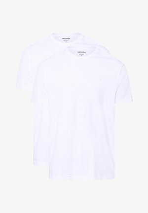White cotton t-shirts, crew neck design, short sleeves, featuring a subtle logo on the chest, soft texture, and standard fit. Two-pack.