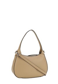 Beige Leder-Umhängetasche mit glatter Textur und kontrastierendem schwarzen Besatz. Sie ist rund geformt und hat einen abnehmbaren Schulterriemen.