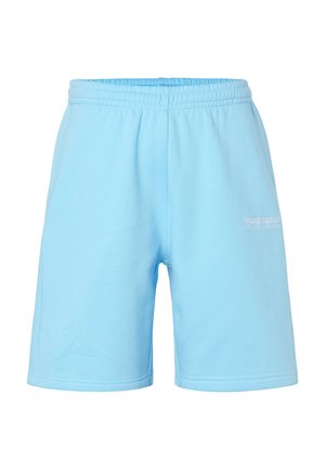 Shorts à taille élastique bleu clair avec un petit logo blanc "bruno banani" et un texte sur la cuisse droite.