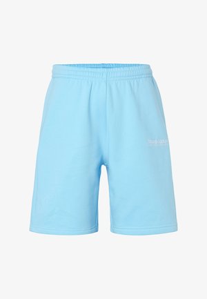 Shorts à taille élastique bleu clair avec un petit logo blanc "bruno banani" et un texte sur la cuisse droite.
