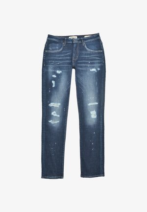 Džínové kalhoty v tmavě modré barvě se rovně střiženými nohavicemi, se zdrženými místy a světle modrými akcenty, a tradičním designem s pěti kapsami.