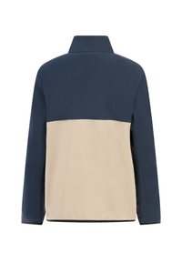 Fleece-Jacke mit hohem Kragen, Oberteil in marineblau und Unterteil in beige. Weiche Textur ohne sichtbare Beschläge.