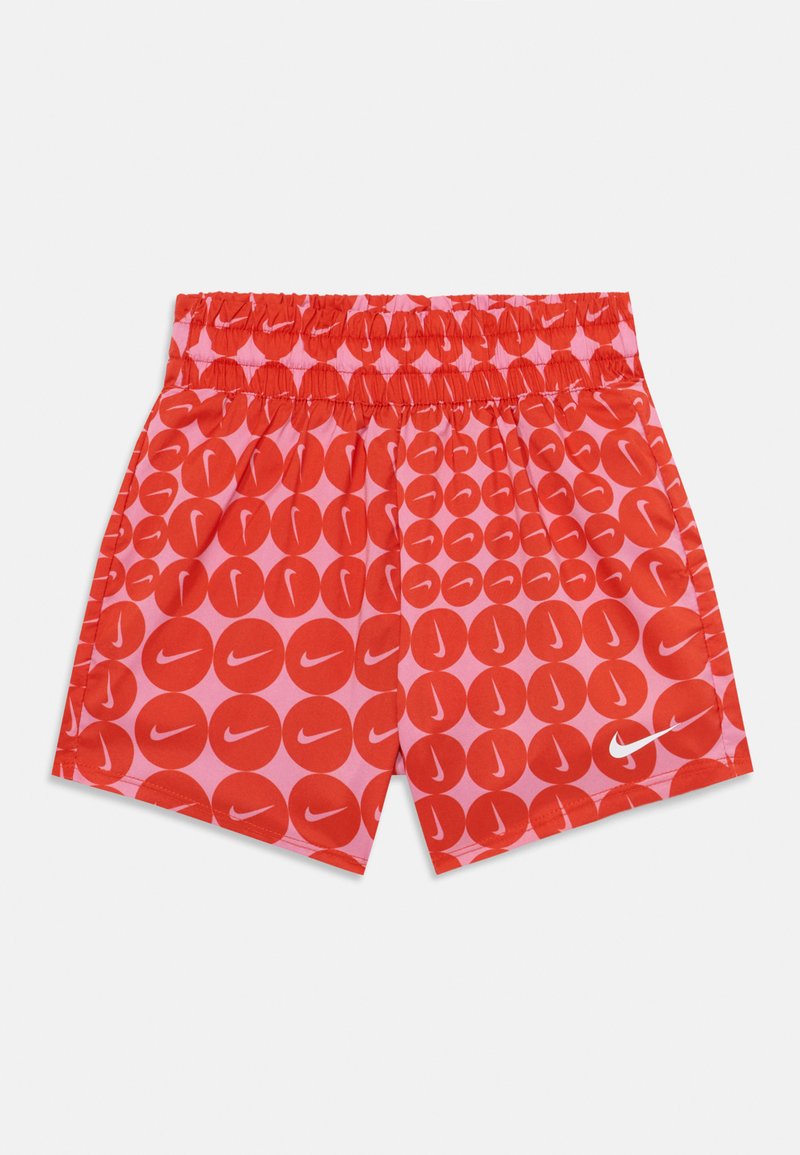 Kergedest kanga punased ja roosad lühikesed püksid, millel on korduv ringikujuliste logode muster ja mugavust tagav elastne vöökoht.