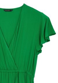 Robe portefeuille verte à manches courtes avec taille froncée et encolure en V, en tissu léger, taille petite, marque Calliope.