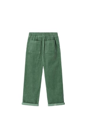 Green corduroy pants with elastic waistband, two back patch pockets, and rolled cuffs, displayed on a white background.