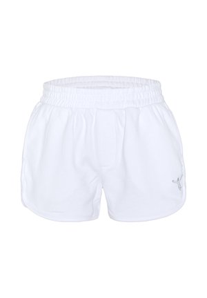 White athletic shorts with elastic waistband and small Puma logo on lower left leg, designed for casual or sportswear.