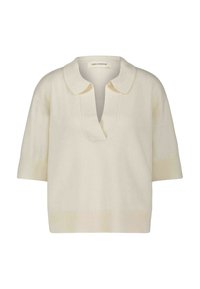 Korte mouwen, crèmekleurige pullover met een kraag en een V-vormige uitsnijding. Zachte textuur met ribbeldetails bij de mouwen en onderkant.