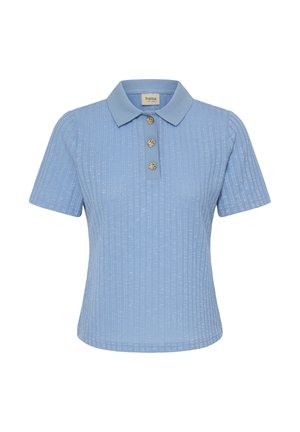 Hele sinine polomees triibulise tekstuuriga, lühikeste varrukatega ja kolmete kuldsete dekoratiivsete nööpidega ees. Puuvillasest segust kangas.