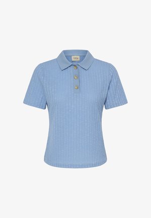Gaiši zils polo krekls ar teksturētu ribas rakstu, īsām piedurknēm un trim dekoratīvām zelta pogām priekšpusē. Audums no kokvilnas maisījuma.