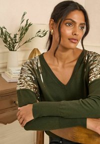 Oliņzaļš V-veida kakla džemperis ar sekvīnu rotājumiem uz piedurknēm. Mīksta adījuma tekstūra, brīvs piegriezums un ribota aproces.