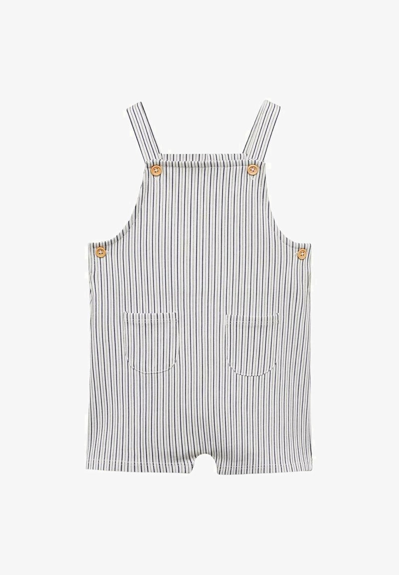 Salopette courte rayée en blanc et marine, avec des bretelles réglables, des boutons en bois et deux poches avant. Fabriquée en tissu léger.