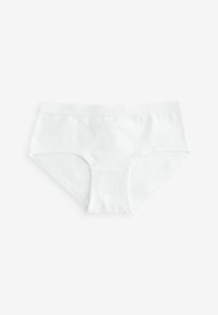 Slip hipster bianchi in cotone con una morbida fascia elastica e una superficie liscia. Presenta un taglio classico e nessun motivo visibile.