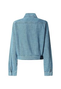 Cropped denim jacket in light blue, featuring a collared neck, long sleeves with buttoned cuffs, and a small logo tag at the hem.