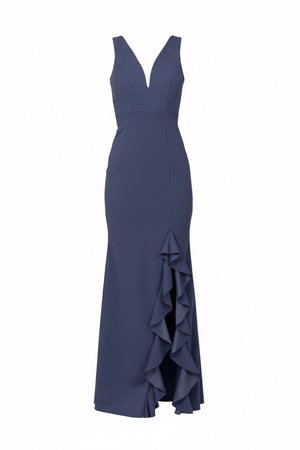 Robe de soirée bleu marine sans manches avec un décolleté plongeant en V et une fente haute volantée sur un côté.