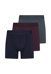 Three pairs of boxer briefs in dark navy, burgundy, and gray. Made from soft, stretchy fabric with textured elastic waistbands.