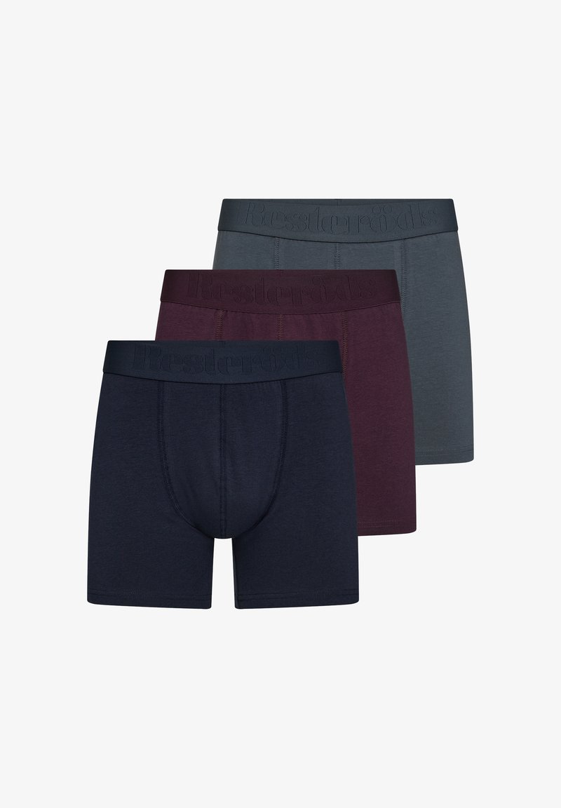 Three pairs of boxer briefs in dark navy, burgundy, and gray. Made from soft, stretchy fabric with textured elastic waistbands.