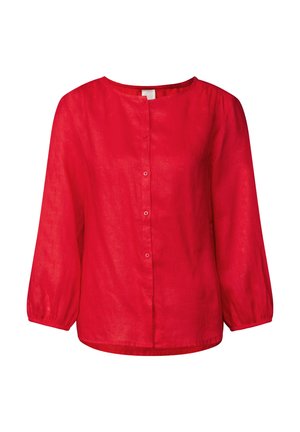 Rote Leinenbluse mit langen, puffigen Ärmeln, rundem Ausschnitt und durchgehender Knopfleiste; leicht lockere Passform mit glatter Textur.