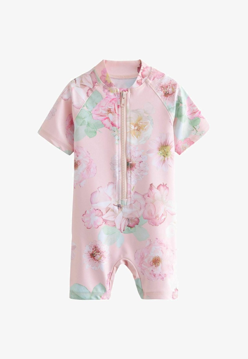 Kurze, ärmellose rosa Blütenrashguard aus elastischem Stoff, mit einem Reißverschluss vorne und einem floralen Muster in sanften Pastelltönen mit grünen Akzenten.