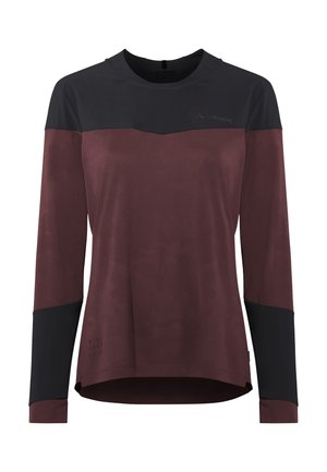 Langärmliges Sportoberteil in dunklem Burgunderrot mit schwarzen Schulter- und Unterarmpaneelen, Rundhalsausschnitt und dezenten Strukturdetails.
