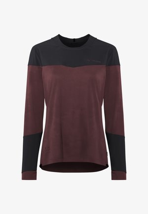 Langärmliges Sportoberteil in dunklem Burgunderrot mit schwarzen Schulter- und Unterarmpaneelen, Rundhalsausschnitt und dezenten Strukturdetails.