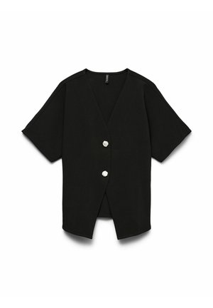 Cardigan noir à manches courtes avec un col en V, doté de deux boutons floraux et d'une coupe décontractée. Texture lisse, style minimaliste.