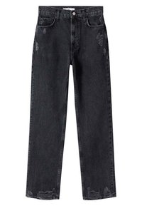 Jeans de mezclilla negros con un diseño de cintura alta, piernas rectas y detalles desgastados en las rodillas y el dobladillo.