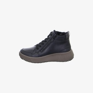Black leather high-top sneaker with side zipper, lace-up front, fur lining, and thick brown ridged sole.