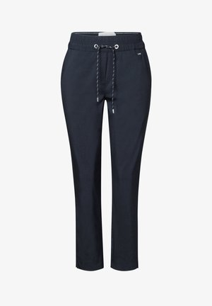 Pantalons de jogging bleu marine en tissu doux, dotés d'une taille élastique avec cordon de serrage, de deux poches latérales et d'une coupe fuselée.