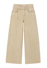 Beżowe dżinsy o szerokich nogawkach z wysokim stanem, czterema kieszeniami i metalowymi nity. Materiał to denin o miękkiej teksturze i minimalnym blaknięciu.