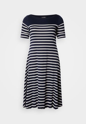 Obleka z mornarsko modrimi in belimi črtami, kratkimi rokavi, okroglim izrezom in razširjenim krojem. Iz mehke, raztegljive tkanine.