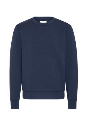 Navy blue crewneck sweatshirt with long sleeves, ribbed cuffs, and hem, casual style, plain design.