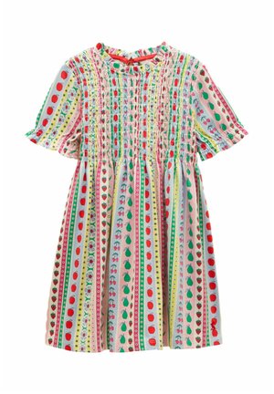 Vestito colorato per bambini con maniche corte, corpetto arricciato e righe verticali con mele, pere, ciliegie, fragole e fiori.