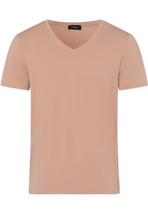 T-Shirt mit V-Ausschnitt und kurzen Ärmeln aus weichem, pfirsichfarbenem Stoff. Hat ein schlichtes Design mit glatter Textur und keinen Mustern oder sichtbaren Beschlägen.