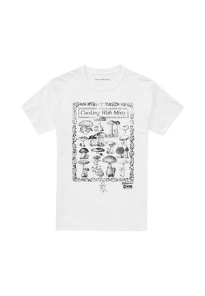 Weißes Baumwoll-T-Shirt mit einem schwarzen Grafikdesign verschiedener Pilze und dem Text "Kochen mit Misty" in einem verzierten Rahmen.