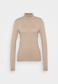 Beige turtleneck sweater made of soft knit fabric. Features long sleeves, fitted design, and a ribbed neckline and hem.