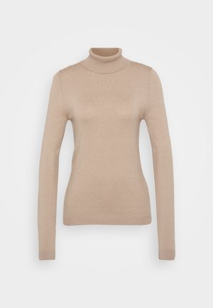 Beige turtleneck sweater made of soft knit fabric. Features long sleeves, fitted design, and a ribbed neckline and hem.